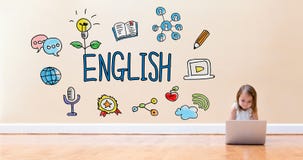 Английский текст при маленькая девочка используя портативный компьютер Стоковые Фото Английский текст при маленькая девочка используя портативный компьютер Стоковые Фото