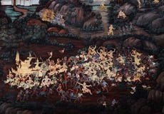 Бангкок, Таиланд - 18-ое мая 2019: Стенные росписи Ramakian Ramayana вдоль галерей виска изумрудного Будды, стоковое фото Бангкок, Таиланд - 18-ое мая 2019: Стенные росписи Ramakian Ramayana вдоль галерей виска изумрудного Будды, стоковое фото
