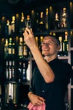 Бармен наблюдает кристаллическое стекло Бармен очищая стекло на баре стоковое фото rf Бармен наблюдает кристаллическое стекло Бармен очищая стекло на баре стоковое фото rf