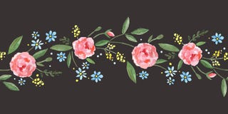 Безшовная граница с розами акварели, листьями, ветвями и небольшими голубыми цветками иллюстрация вектора Безшовная граница с розами акварели, листьями, ветвями и небольшими голубыми цветками иллюстрация вектора