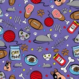 Безшовная картина на любимцах - котах, собаках, корме для домашних животных, игрушках для котов и собак, косточках рыб, стейке и иллюстрация вектора Безшовная картина на любимцах - котах, собаках, корме для домашних животных, игрушках для котов и собак, косточках рыб, стейке и иллюстрация вектора
