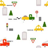 Безшовная картина: переход: автомобили, пожарные, тележка, знаки, дома, деревья на белой предпосылке r бесплатная иллюстрация Безшовная картина: переход: автомобили, пожарные, тележка, знаки, дома, деревья на белой предпосылке r бесплатная иллюстрация
