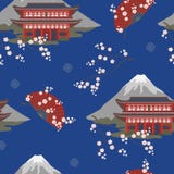 Безшовная картина с азиатской пагодой, с горой, вишневые цвета, вентиляторы бесплатная иллюстрация Безшовная картина с азиатской пагодой, с горой, вишневые цвета, вентиляторы бесплатная иллюстрация