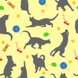 Безшовная картина с игроком котов Коты и игрушки в плоском стиле на желтой предпосылке также вектор иллюстрации притяжки corel бесплатная иллюстрация Безшовная картина с игроком котов Коты и игрушки в плоском стиле на желтой предпосылке также вектор иллюстрации притяжки corel бесплатная иллюстрация