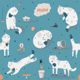 Безшовная картина с добросердечными в стиле фанк белыми котами, потеха, стильная Vector иллюстрация с аксессуарами кота - еда, иг иллюстрация штока Безшовная картина с добросердечными в стиле фанк белыми котами, потеха, стильная Vector иллюстрация с аксессуарами кота - еда, иг иллюстрация штока