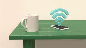 Белая чашка на телефоне зеленой таблицы умных и значке голубом 3d wifi 3d п бесплатная иллюстрация Белая чашка на телефоне зеленой таблицы умных и значке голубом 3d wifi 3d п бесплатная иллюстрация
