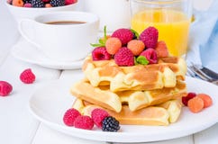 Бельгийские waffles с полениками и ежевиками для завтрака Стоковые Фотографии RF Бельгийские waffles с полениками и ежевиками для завтрака Стоковые Фотографии RF