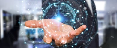 Бизнесмен используя перевод сферы 3D сети земли планеты иллюстрация штока Бизнесмен используя перевод сферы 3D сети земли планеты иллюстрация штока