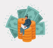 Бизнесмен сидит на большой горе золотых монет иллюстрация вектора Бизнесмен сидит на большой горе золотых монет иллюстрация вектора