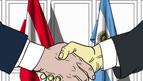 Бизнесмены или политики трясут руки против флагов Австрии и Аргентины Связанные официальное заседание или сотрудничество иллюстрация штока Бизнесмены или политики трясут руки против флагов Австрии и Аргентины Связанные официальное заседание или сотрудничество иллюстрация штока