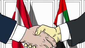 Бизнесмены или политики трясут руки против флагов Австрии и ОАЭ Официальное заседание или шарж сотрудничества родственный иллюстрация вектора Бизнесмены или политики трясут руки против флагов Австрии и ОАЭ Официальное заседание или шарж сотрудничества родственный иллюстрация вектора