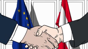 Бизнесмены или политики трясут руки против флагов Европейского союза EC и Австрии Официальное заседание или сотрудничество иллюстрация штока Бизнесмены или политики трясут руки против флагов Европейского союза EC и Австрии Официальное заседание или сотрудничество иллюстрация штока