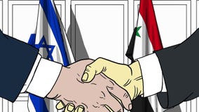 Бизнесмены или политики трясут руки против флагов Израиля и Сирии Связанные официальное заседание или сотрудничество иллюстрация вектора Бизнесмены или политики трясут руки против флагов Израиля и Сирии Связанные официальное заседание или сотрудничество иллюстрация вектора