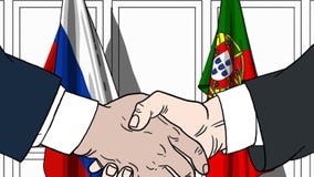 Бизнесмены или политики трясут руки против флагов России и Португалии Связанные официальное заседание или сотрудничество бесплатная иллюстрация Бизнесмены или политики трясут руки против флагов России и Португалии Связанные официальное заседание или сотрудничество бесплатная иллюстрация
