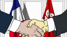 Бизнесмены или политики трясут руки против флагов Франции и Гонконга Связанные официальное заседание или сотрудничество бесплатная иллюстрация Бизнесмены или политики трясут руки против флагов Франции и Гонконга Связанные официальное заседание или сотрудничество бесплатная иллюстрация
