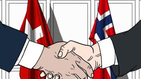 Бизнесмены или политики трясут руки против флагов Швейцарии и Норвегии Связанные официальное заседание или сотрудничество иллюстрация вектора Бизнесмены или политики трясут руки против флагов Швейцарии и Норвегии Связанные официальное заседание или сотрудничество иллюстрация вектора
