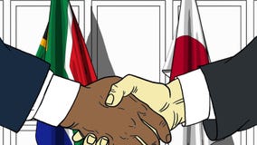Бизнесмены или политики трясут руки против флагов Южной Африки и Японии Связанные официальное заседание или сотрудничество бесплатная иллюстрация Бизнесмены или политики трясут руки против флагов Южной Африки и Японии Связанные официальное заседание или сотрудничество бесплатная иллюстрация