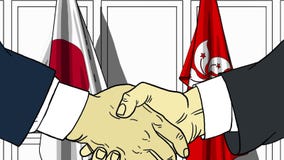 Бизнесмены или политики трясут руки против флагов Японии и Гонконга Связанные официальное заседание или сотрудничество иллюстрация вектора Бизнесмены или политики трясут руки против флагов Японии и Гонконга Связанные официальное заседание или сотрудничество иллюстрация вектора