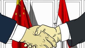 Бизнесмены или политики тряся руки против флагов Китая и Индонезии Встреча или шарж сотрудничества родственный бесплатная иллюстрация Бизнесмены или политики тряся руки против флагов Китая и Индонезии Встреча или шарж сотрудничества родственный бесплатная иллюстрация
