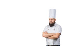 Бородатый кашевар шеф-повара с пересеченными руками на белой предпосылке, космосе экземпляра на стороне стоковые фото Бородатый кашевар шеф-повара с пересеченными руками на белой предпосылке, космосе экземпляра на стороне стоковые фото
