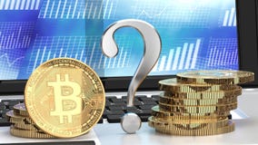 Будущее Bitcoin, вопросительный знак, bitcoin на компьтер-книжке и диаграммы на заднем плане иллюстрация штока Будущее Bitcoin, вопросительный знак, bitcoin на компьтер-книжке и диаграммы на заднем плане иллюстрация штока