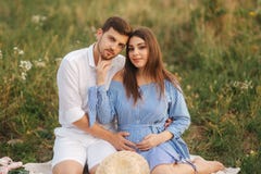 Будущие мама и папа сидят в поле Беременная женщина с ее супругом положила их руки на живот стоковое изображение Будущие мама и папа сидят в поле Беременная женщина с ее супругом положила их руки на живот стоковое изображение