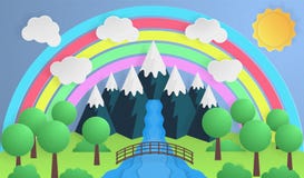 Бумажное искусство Солнечный день, парк с рекой горы Мост реки иллюстрация штока Бумажное искусство Солнечный день, парк с рекой горы Мост реки иллюстрация штока