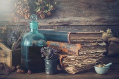 Бутылки тинктуры, сухие здоровые травы, старые книги, миномет, лечебные лекарства как обрабатывать perforatum микстуры hypericum стоковое фото rf Бутылки тинктуры, сухие здоровые травы, старые книги, миномет, лечебные лекарства как обрабатывать perforatum микстуры hypericum стоковое фото rf