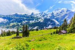 Величественный панорамный взгляд Eiger, Monch, гор Jungfrau от Murren-Gimmelwald отстает, швейцарские горные вершины, Bernese Obe Стоковая Фотография RF Величественный панорамный взгляд Eiger, Monch, гор Jungfrau от Murren-Gimmelwald отстает, швейцарские горные вершины, Bernese Obe Стоковая Фотография RF