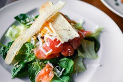 Вегетарианец гриля крупного плана вкусный отрезает копченых семг с хлебом, arugula letuce и сыром в европейском стиле, еде на бол стоковая фотография Вегетарианец гриля крупного плана вкусный отрезает копченых семг с хлебом, arugula letuce и сыром в европейском стиле, еде на бол стоковая фотография