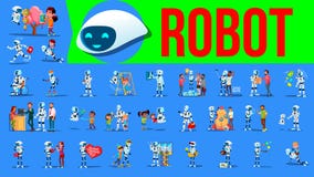 Вектор хелпера робота установленный Будущие ситуации образа жизни Работа, связывая совместно Киборг, гуманоид AI футуристический иллюстрация штока Вектор хелпера робота установленный Будущие ситуации образа жизни Работа, связывая совместно Киборг, гуманоид AI футуристический иллюстрация штока