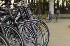 Велосипеды в аренду припаркованные в группе стоковое изображение Велосипеды в аренду припаркованные в группе стоковое изображение