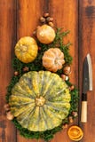 Взгляд сверху сезонных ингредиентов для тыквы, суп butternut и гриба готовый для того чтобы высечь с японским ножом стоковые фото Взгляд сверху сезонных ингредиентов для тыквы, суп butternut и гриба готовый для того чтобы высечь с японским ножом стоковые фото
