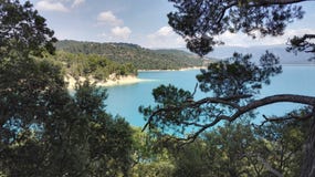 Вид на озеро Sainte Croix du Verdon через деревья, в Провансали, Франция, Европа стоковое изображение Вид на озеро Sainte Croix du Verdon через деревья, в Провансали, Франция, Европа стоковое изображение