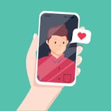 Видео- звонок с полюбленное одним Женская рука держа smartphone с парнем на экране Онлайн датировка бесплатная иллюстрация Видео- звонок с полюбленное одним Женская рука держа smartphone с парнем на экране Онлайн датировка бесплатная иллюстрация