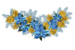 Винтажная гирлянда рождества при золотые конусы сосны и голубой poinsettia изолированные на белой предпосылке Стоковое Фото Винтажная гирлянда рождества при золотые конусы сосны и голубой poinsettia изолированные на белой предпосылке Стоковое Фото