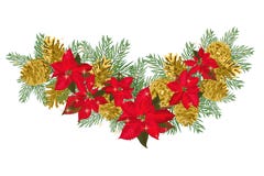 Винтажная гирлянда рождества при золотые конусы сосны и красный poinsettia изолированные на белой предпосылке Стоковое Фото Винтажная гирлянда рождества при золотые конусы сосны и красный poinsettia изолированные на белой предпосылке Стоковое Фото