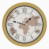 Винтажные часы с картой мира Античная золотая шкала циферблата стены с римским цифром вектор иллюстрация вектора Винтажные часы с картой мира Античная золотая шкала циферблата стены с римским цифром вектор иллюстрация вектора