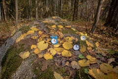 Винтажный черный будильник на листьях осени Фото конспекта изменения времени стоковое изображение rf Винтажный черный будильник на листьях осени Фото конспекта изменения времени стоковое изображение rf