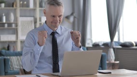 Возбужденный бизнесмен волос серого цвета празднуя успех, работая на ноутбуке Возбужденный бизнесмен волос серого цвета празднуя успех, работая на ноутбуке