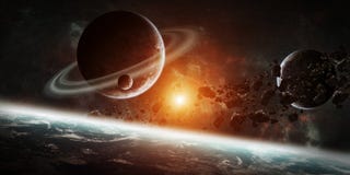 Восход солнца над группой в составе планеты в космосе бесплатная иллюстрация Восход солнца над группой в составе планеты в космосе бесплатная иллюстрация