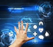 Вручите касающий футуристический интерфейс с медицинскими историями - medica стоковая фотография Вручите касающий футуристический интерфейс с медицинскими историями - medica стоковая фотография
