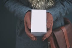 Глумитесь вверх с белой коробкой от смартфона Девушка в пальто и коричневых перчатках держит подарок в его руках стоковая фотография Глумитесь вверх с белой коробкой от смартфона Девушка в пальто и коричневых перчатках держит подарок в его руках стоковая фотография