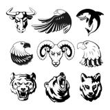 Головы животных для символов логотипа или спорта Гризли, медведь и орел Monochrome иллюстрации талисманов для ярлыков Волк иллюстрация вектора Головы животных для символов логотипа или спорта Гризли, медведь и орел Monochrome иллюстрации талисманов для ярлыков Волк иллюстрация вектора