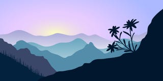 Горы, edelweiss и лес на восходе солнца ландшафт с силуэтами также вектор иллюстрации притяжки corel иллюстрация вектора Горы, edelweiss и лес на восходе солнца ландшафт с силуэтами также вектор иллюстрации притяжки corel иллюстрация вектора