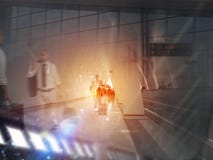Двойная экспозиция с силуэтами пассажиров бизнесменов в аэропорте Концепция деловых поездок стоковые изображения Двойная экспозиция с силуэтами пассажиров бизнесменов в аэропорте Концепция деловых поездок стоковые изображения