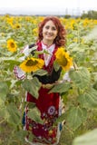 Девушка в традиционном болгарском платье в поле солнцецветов стоковая фотография Девушка в традиционном болгарском платье в поле солнцецветов стоковая фотография