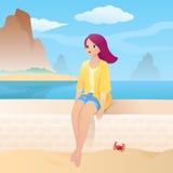 Девушка на песчаном пляже с красивым морем и тропическим пейзажем острова иллюстрация вектора Девушка на песчаном пляже с красивым морем и тропическим пейзажем острова иллюстрация вектора