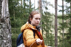 Девушка с красными перемещениями волос через coniferous лес стоковое фото rf Девушка с красными перемещениями волос через coniferous лес стоковое фото rf