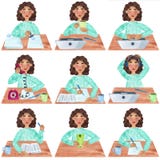 Девушка с темным вьющиеся волосы в сини, установила деятельностей при иллюстрация штока Девушка с темным вьющиеся волосы в сини, установила деятельностей при иллюстрация штока